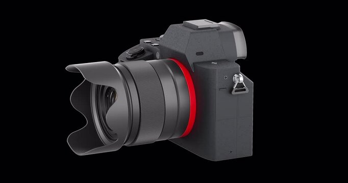 Digital camera. Mirrorless interchangeable-lens camera rotation animation, seamlessly loopable. 3D rendering isolated on transparent background