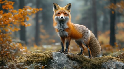 A red fox stands on a mossy rock in an autumn forest, looking directly at the camera.