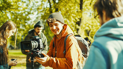 Young vloggers filming in the park, expressing their passion for pop culture and internet entertainment, capturing moments of creativity and digital expression