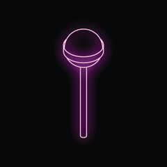 Bright pink neon sign in the shape of a lollipop, glowing on a black background