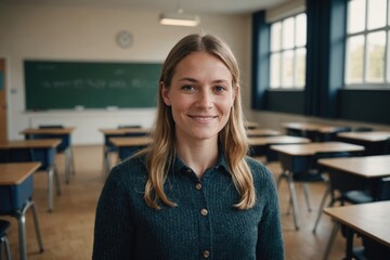 Close portrait of a smiling young Danish female elegant primary school teacher standing and looking at the camera, indoors almost empty classroom blurred background