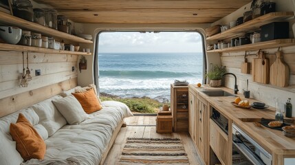 The interior of a beach van features warm wooden elements, a comfortable sofa, and a well-equipped kitchen area. The serene ocean view through the open door enhances the cozy atmosphere.
