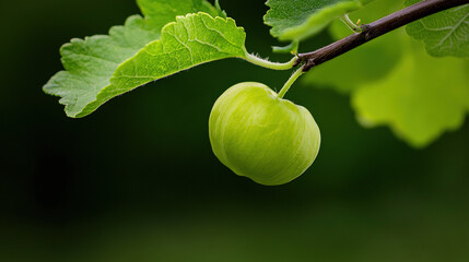 Obraz premium a green fruit hanging from a tree branch, surrounded by vibrant leaves and a soft, hazy background