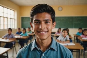 Fototapeta premium Close portrait of a smiling young Ecuadorean male elegant primary school teacher standing and looking at the camera, indoors almost empty classroom blurred background