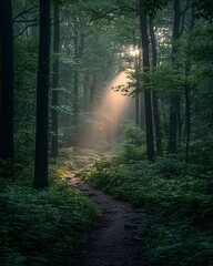 Fototapeta premium A tranquil scene of a forest path illuminated by soft sunlight filtering through tall trees, creating a serene and mystical atmosphere.