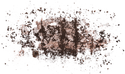 Wet mud, stains and water droplets texture with dry dirt isolated on white background, top view and clipping path