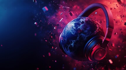headphones on the earth with neon colored background. world radio day concept