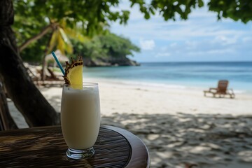 A delicious piña colada served in the shade on a tropical beach