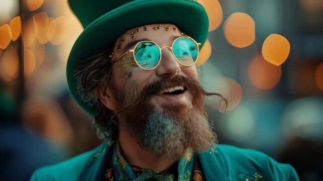 Beautiful smiling leprechaun young man wearing green lucky hat on blurred festive background. Guy celebrating St. Patrick's Day. Carnival party on the street