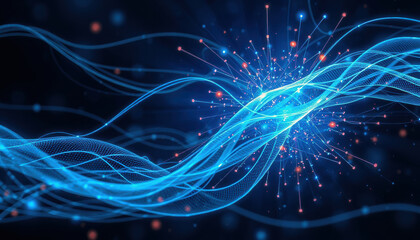 Futuristic abstract design featuring glowing blue waves and particles, representing quantum technology and digital innovation. vibrant colors create sense of energy and movement