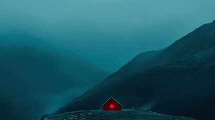   A red house perched atop a mountaintop amidst a hazy valley, surrounded by towering peaks