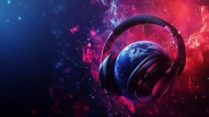headphones on the earth with neon colored background. world radio day concept