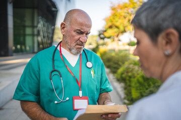 Senior man doctor discuss with female colleague about patients record