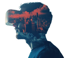 Young man using virtual reality headset with cityscape overlay isolated on transparent background