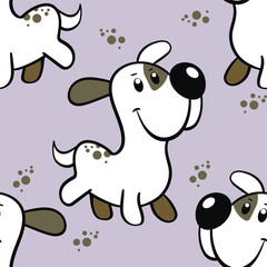 Vector seamless repeating childish pattern with cute dogs in doodle style. Animals background with dog, pets, puppy for invitation, poster, card, flyer, textile, fabric