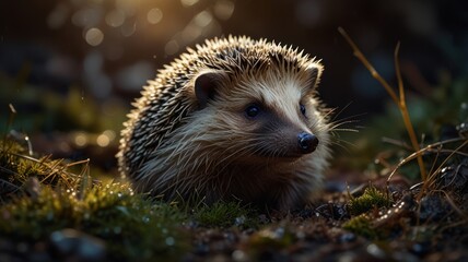 Fototapeta premium a cute hedgehog standing on a wet forest floor. The hedgehog's spiky fur, curious expression, and beady eyes make it an adorable subject.