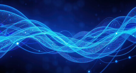 Futuristic blue waves create mesmerizing visual effect, representing quantum technology and digital innovation. flowing lines evoke sense of motion and energy