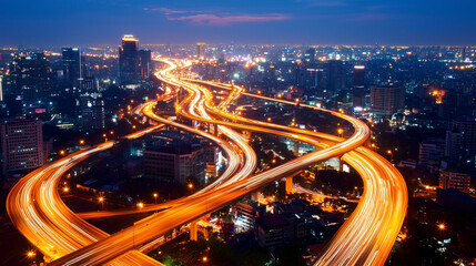 Fototapeta premium Aerial Night View of Urban Interchange with Traffic Flow