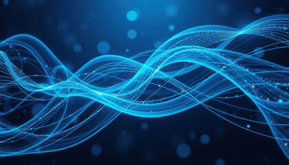 Futuristic blue waves create mesmerizing visual effect, representing quantum technology and digital innovation. flowing lines and glowing particles evoke sense of motion and energy