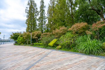 Background texture of modern hardscape plaza or paved walkway with scenic landscaping featuring...