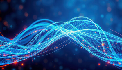 Vibrant blue waves with glowing particles create futuristic atmosphere, representing energy and motion in digital world