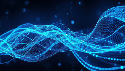 Futuristic blue waves with glowing lines and particles create dynamic visual effect, representing technology and innovation