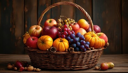 Large basket of fall fruits and vegetables - apples, pumpkins, grapes and nuts in a wicker basket. Thanksgiving 