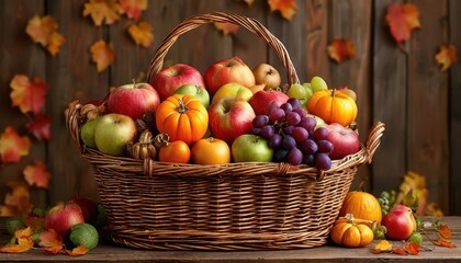 Large basket of fall fruits and vegetables - apples, pumpkins, grapes and nuts in a wicker basket. Thanksgiving 