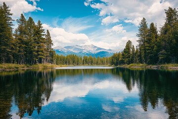 A serene mountain lake reflects a tranquil forest of pine trees under a clear blue sky.