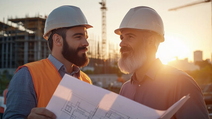 Engineer and Construction Worker Examining Blueprints at Sunset