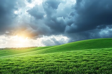 A scenic view of lush green hills under a dramatic sky, showcasing vibrant colors as sunlight breaks through dark clouds, creating a serene yet dynamic atmosphere. - Powered by Adobe