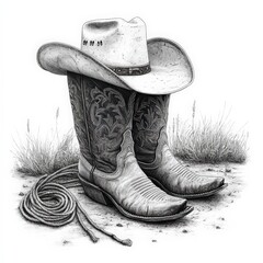 Vector of cowboy gear: hat, boots, spurs, and rope