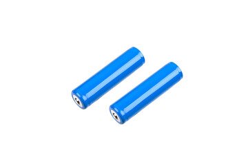 Two blue cylindrical batteries on a white background, representing rechargeable power sources with...