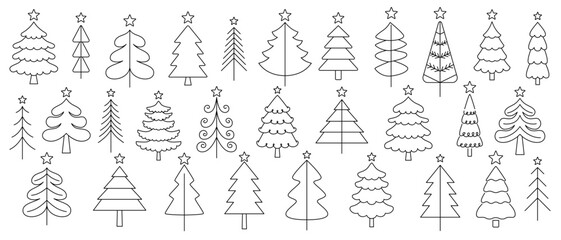 Set of simple linear Christmas trees with star. Vector illustration of icons with black thin outline for logo design, gift, tag, pendant, sticker, stamp, children's coloring on white background.