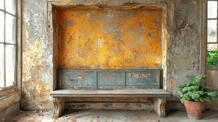 An aged interior featuring a weathered bench against a peeling orange wall.