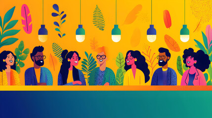 Diverse Group of Friends Engaging in Casual Conversation in a Creative Space with Colorful Background