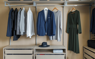Elegant wardrobe arrangement with various outfits on hangers, including formal blazers, shirts, and a green dress, showcasing an organized clothing storage solution