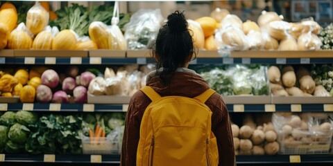 student is shopping for groceries, balancing healthy seasonal options