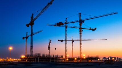 Fototapeta premium Construction Site with Cranes at Sunset and Clear Blue Sky