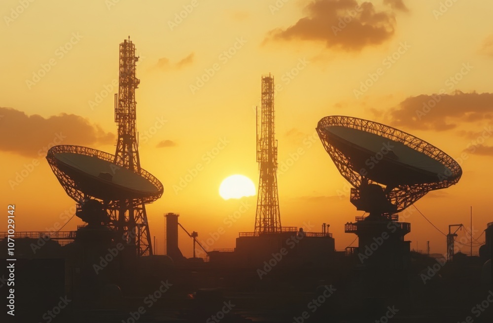 Canvas Prints silhouettes of radio towers, against the backdrop of the setting sun, three large and small dish-sha