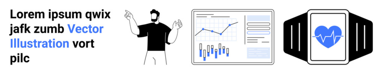 Man gesturing, chart with various bars and graphs, smartwatch with heart rate monitor. Ideal for business presentations, data analysis, fitness tracking, technology, analytics, health monitoring