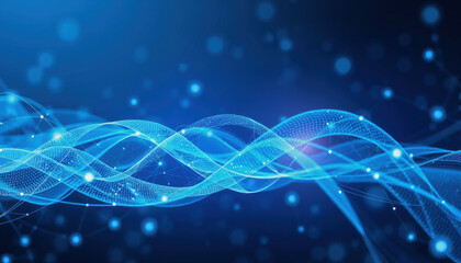 Futuristic blue waves with glowing particles create mesmerizing digital landscape, representing advanced technology and quantum concepts