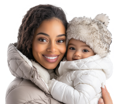 Joyful mixed-race mother smiling while holding her baby in cozy winter jackets indoors