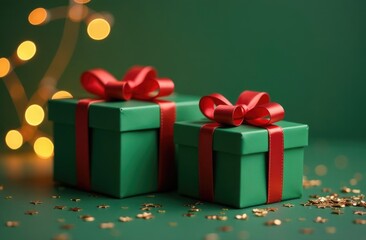 Close-up Two Green Gift Boxes with red ribbon, golden confetti. Festive blurred green background with garland lights. Copy Space. illustration for Christmas, New Year and Other Holidays