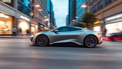 Fototapeta premium Sleek Silver Sports Car Speeding Through City Streets at Dusk 