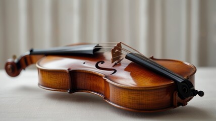 Obraz premium a violin, resting on a wooden surface. The warm, golden hue of the wood, combined with the intricate details of the instrument, creates a sense of elegance and artistry.