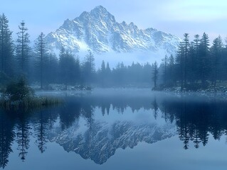A tranquil winter scene featuring a majestic snow-capped mountain reflecting in a serene lake, surrounded by evergreen trees and soft morning mist.