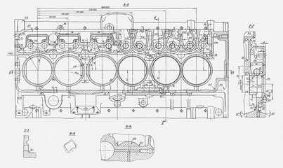 Cylinder block of engine of cargo vehicle.
Engineering mechanical drawing of automotive
device. Industrial cad scheme on white paper sheet. 
Technology design of machine building industry. 