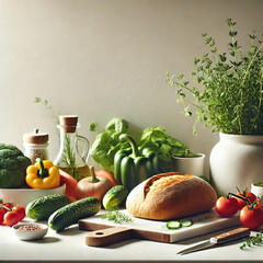 Kitchen Countertop with Fresh Vegetables, Herbs, and Bread