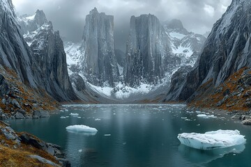 A breathtaking view of snow-capped mountains towering over a serene glacial lake, with floating icebergs reflecting the moody gray sky and autumn foliage along the shoreline.